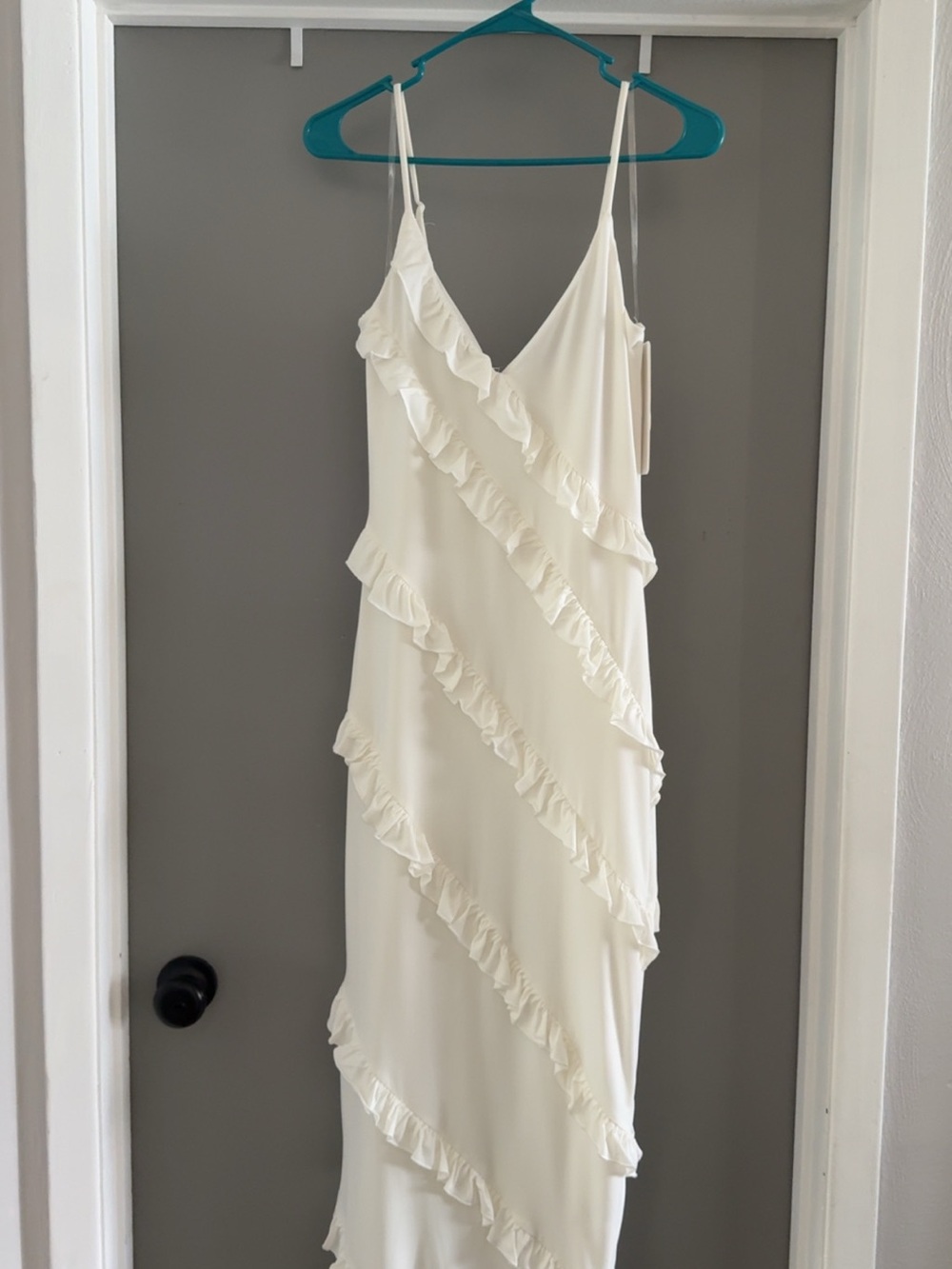 Honey and Rosie Cream Ruffled Maxi Slip Dress